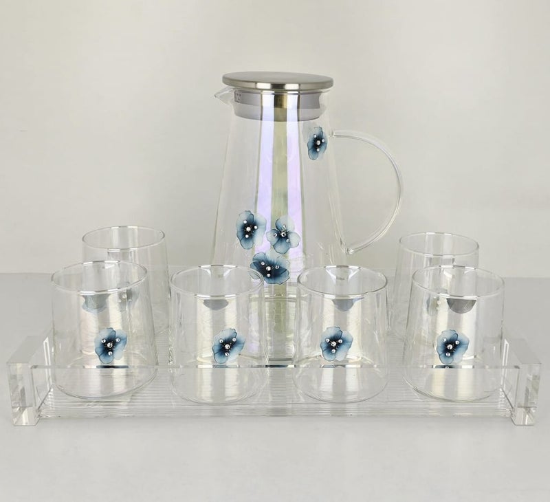Radin Water Set Of 8Pieces Six Glass With One Jug For Water Juice And One Piece Miror Tray High Quality Glass Material - Image 2